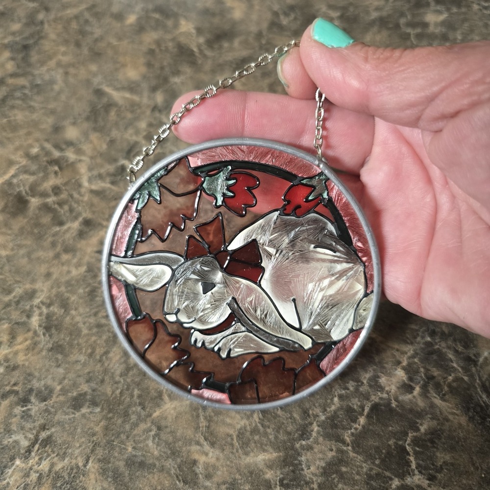 Leaded Stained Glass Suncatcher Depicting A Rabbit withโ A Bow Vintage